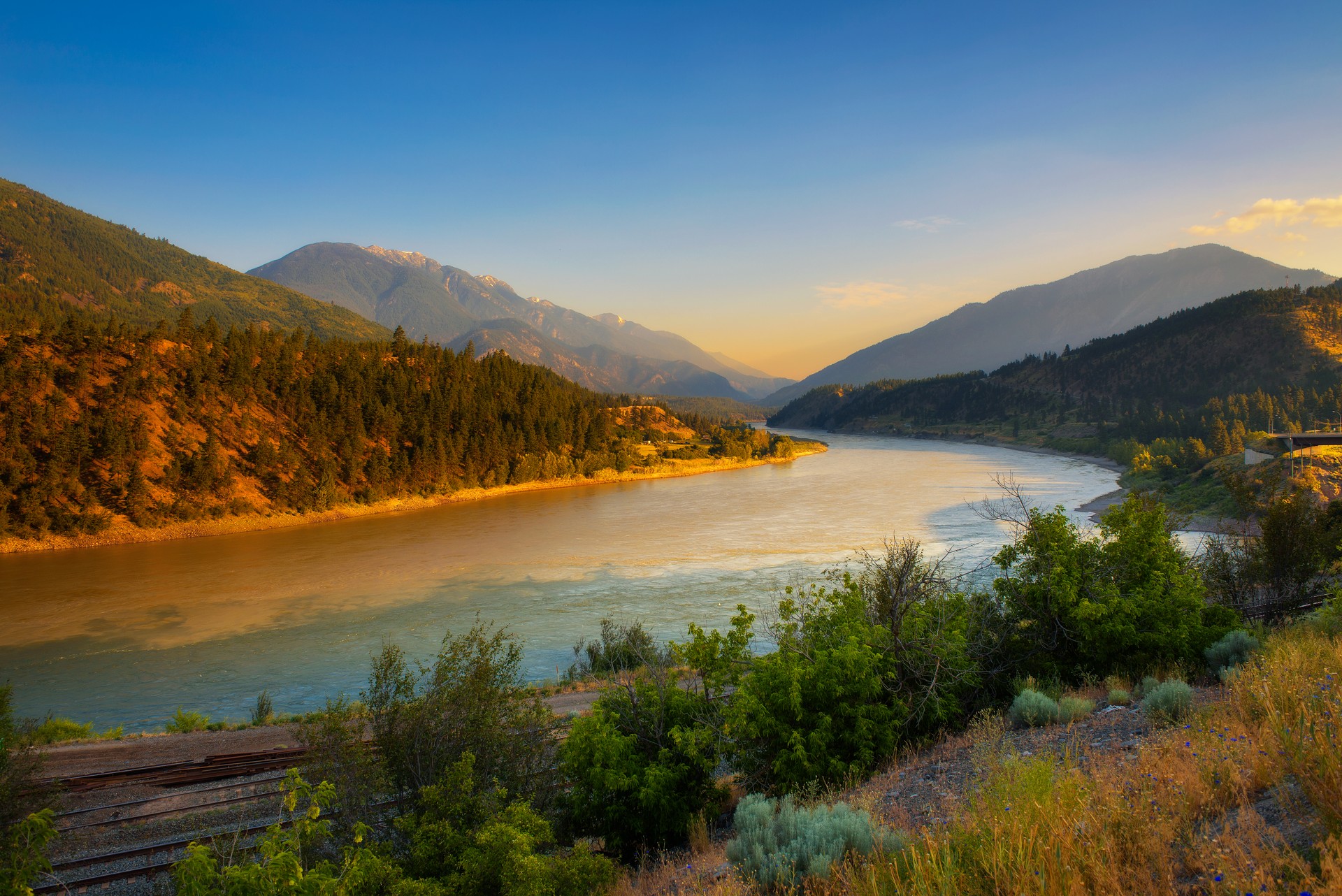 Sunset above Fraser River in Lytton, Canada